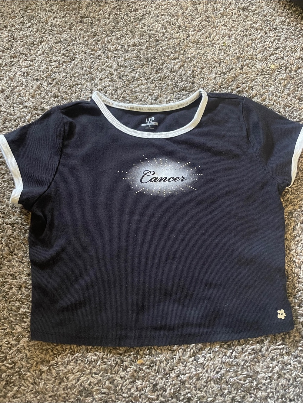 Limited Too Black Short Sleeve Tee with White Trim and 'Cancer' Script